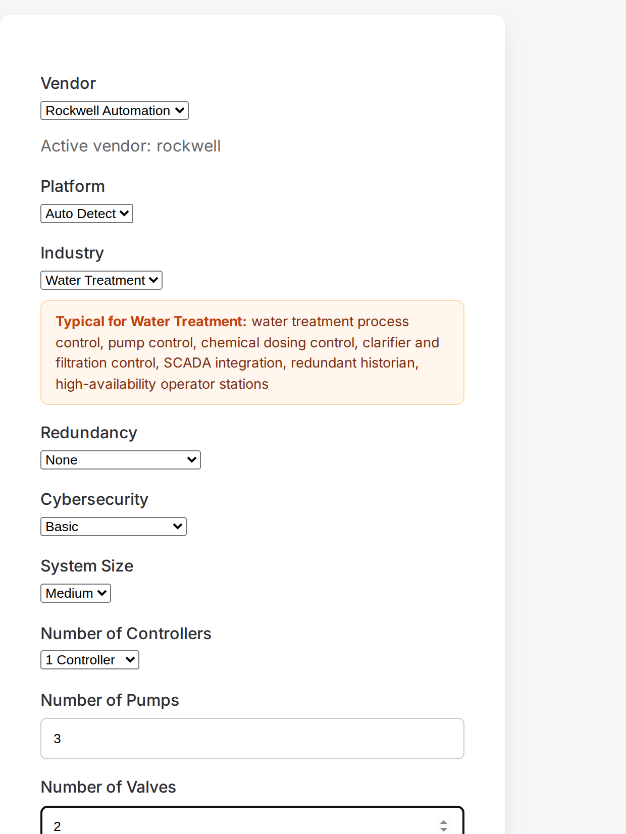 Step 1 form filled in with vendor, platform, industry and equipment counts